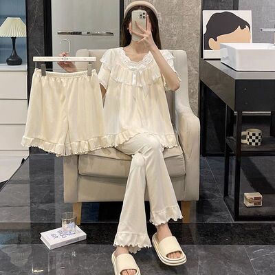 蕾丝纯欲风睡衣女夏季短袖三件套