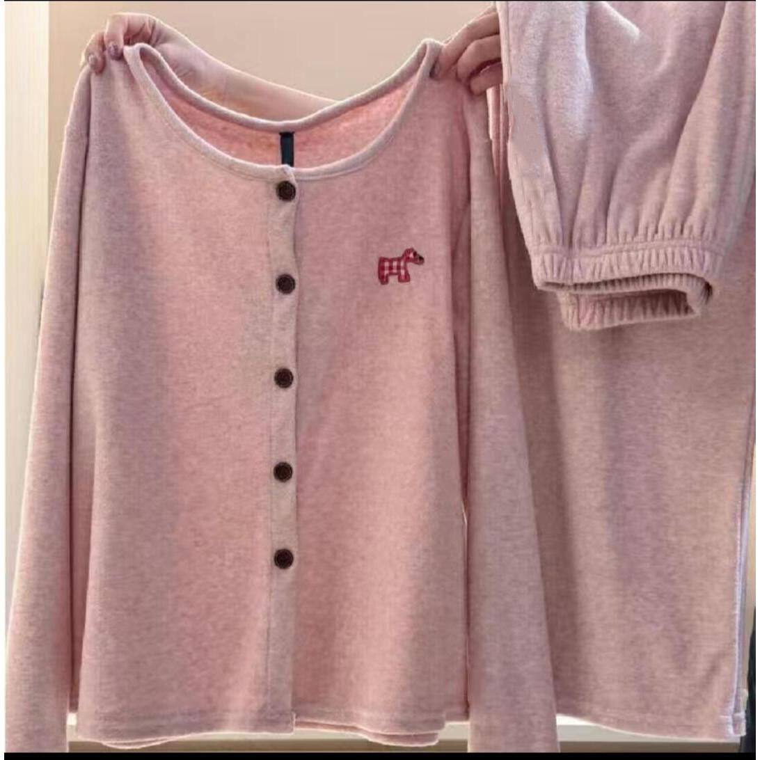 韩系甜美风粉色长袖长裤睡衣女款春秋德绒保暖抓绒家居服薄绒套装