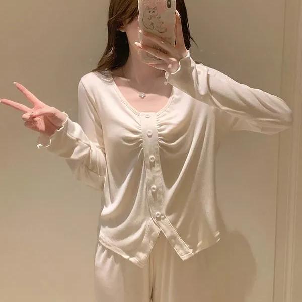 莫代尔睡衣女春秋甜美家居服