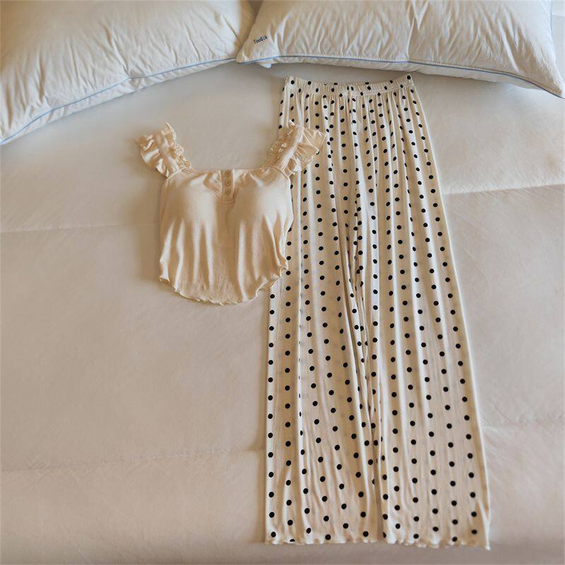 奶白波点睡衣夏天女莫代尔带胸垫背心长裤两件套少女感气质家居服