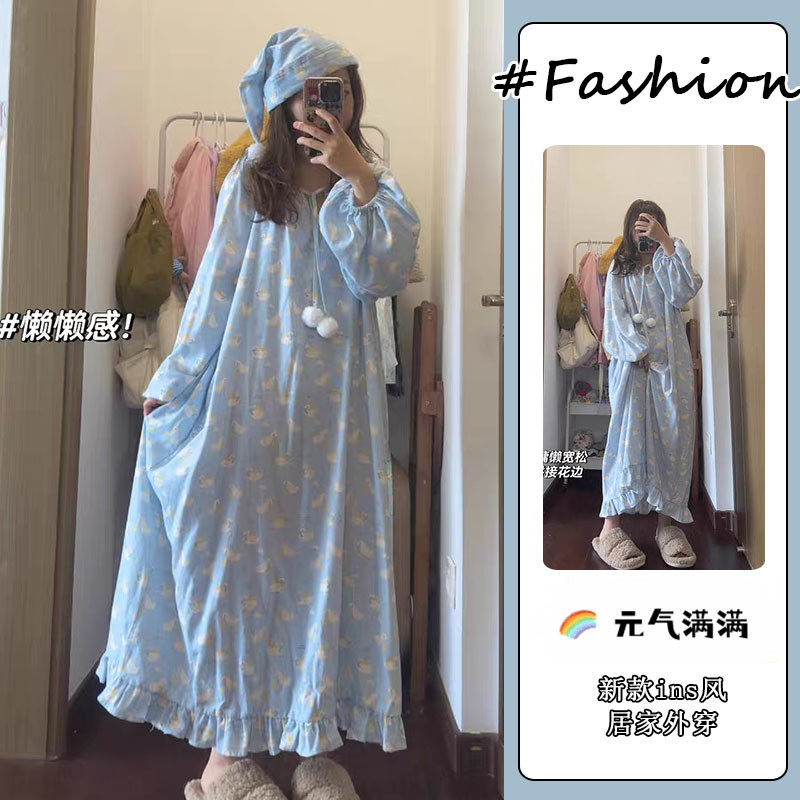韩版大白鹅印花春秋女睡裙家居服