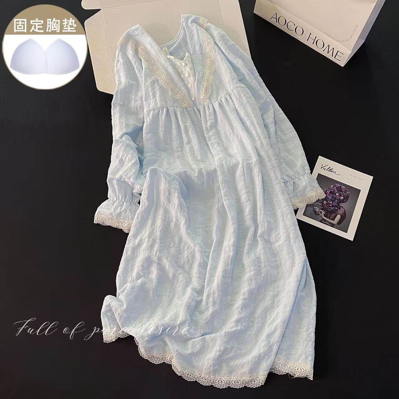 固定胸垫秋冬款胖MM甜美睡裙女大码长袖简约蕾丝边过膝家居服,女士内衣/男士内衣/家居服,睡衣/家居服套装,淘宝优惠券,粉丝福利购,淘宝优惠卷