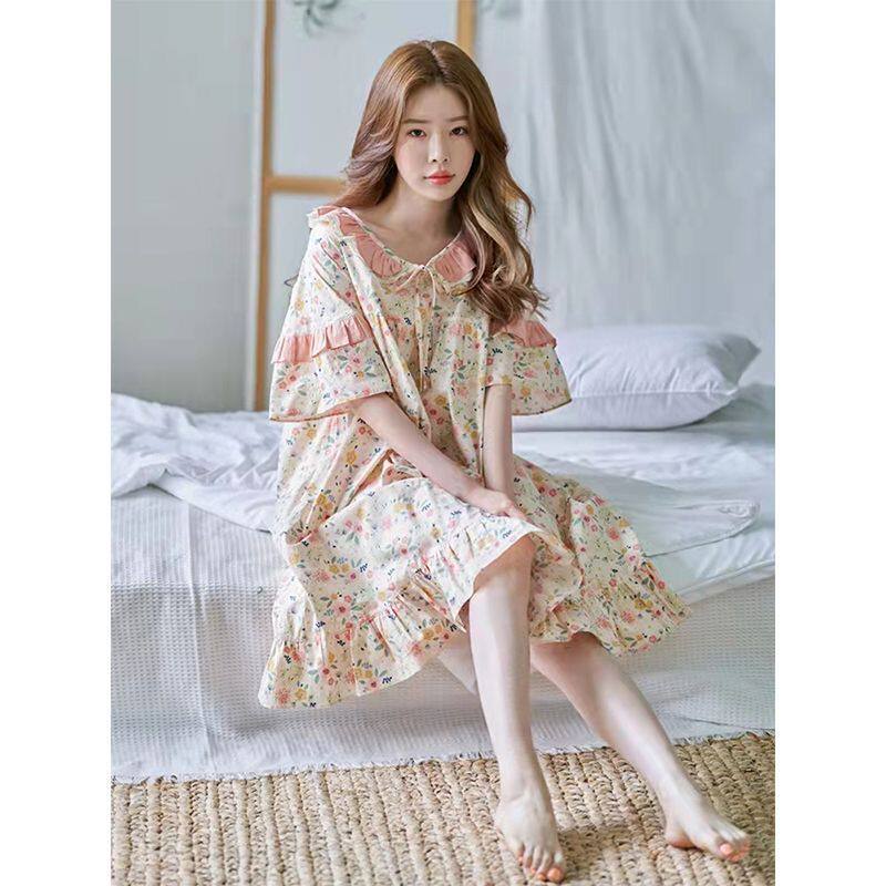 夏季棉质碎花可外穿女睡裙家居服