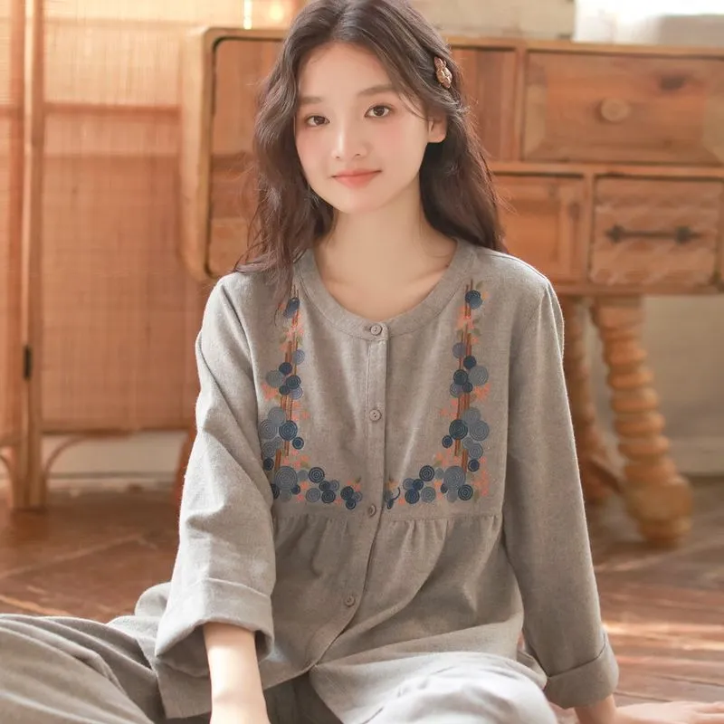 纯棉睡衣女春秋冬开衫家居服外穿