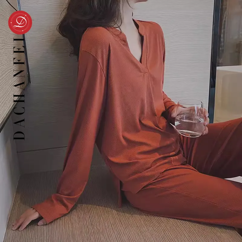 V领睡衣女春秋家居服带胸垫套装