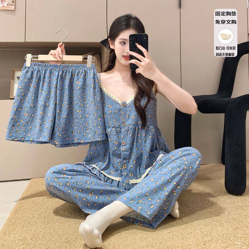 胸垫云朵吊带夏季睡衣三件套