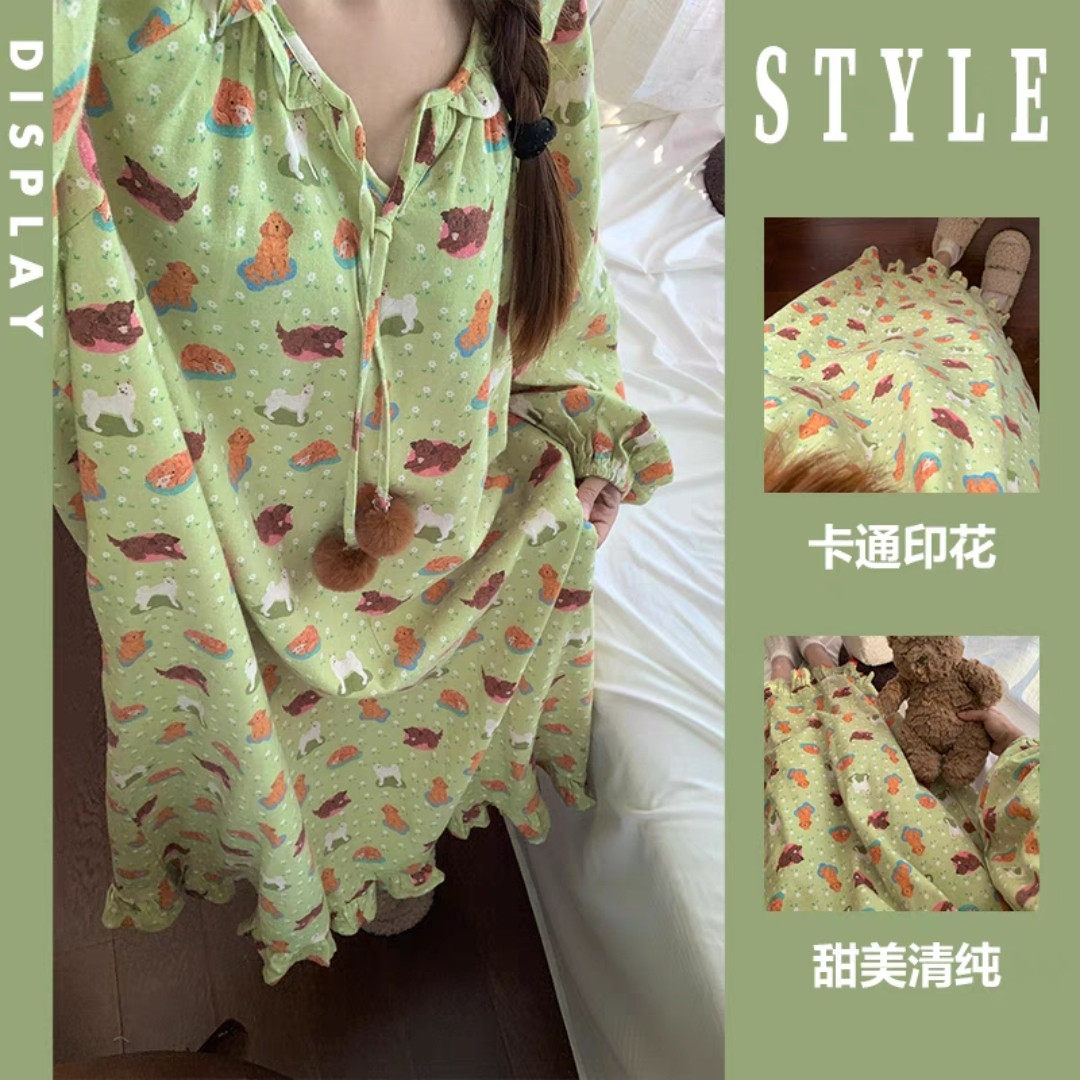 甜美小狗长袖睡裙女春秋新款睡衣
