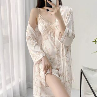 2026夏季新款樱花薄款胸垫冰丝睡裙吊带蕾丝性感二件套家居服睡衣
