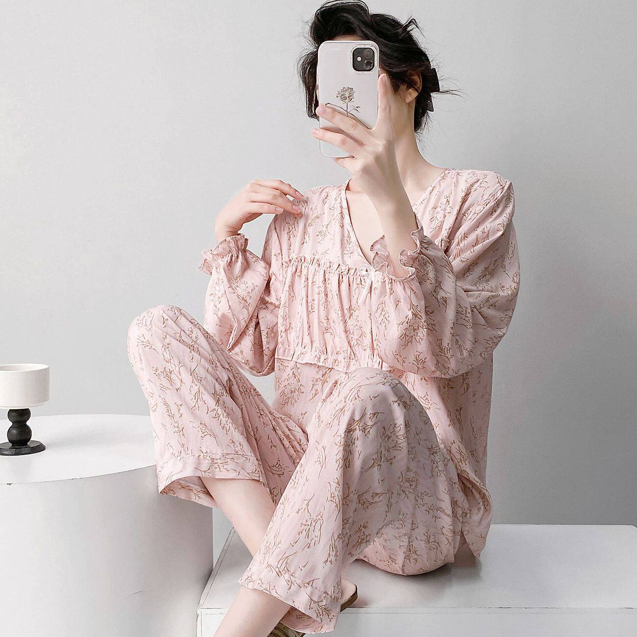 棉绸女士防凸点可外穿家居服套装
