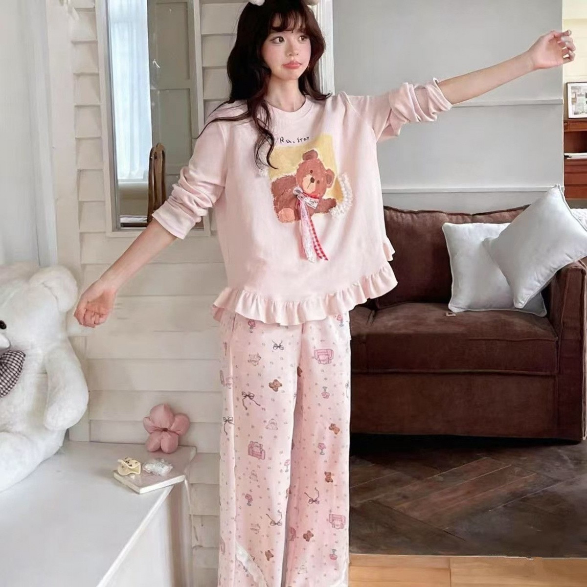 纯棉小熊同款甜美长袖睡衣套装