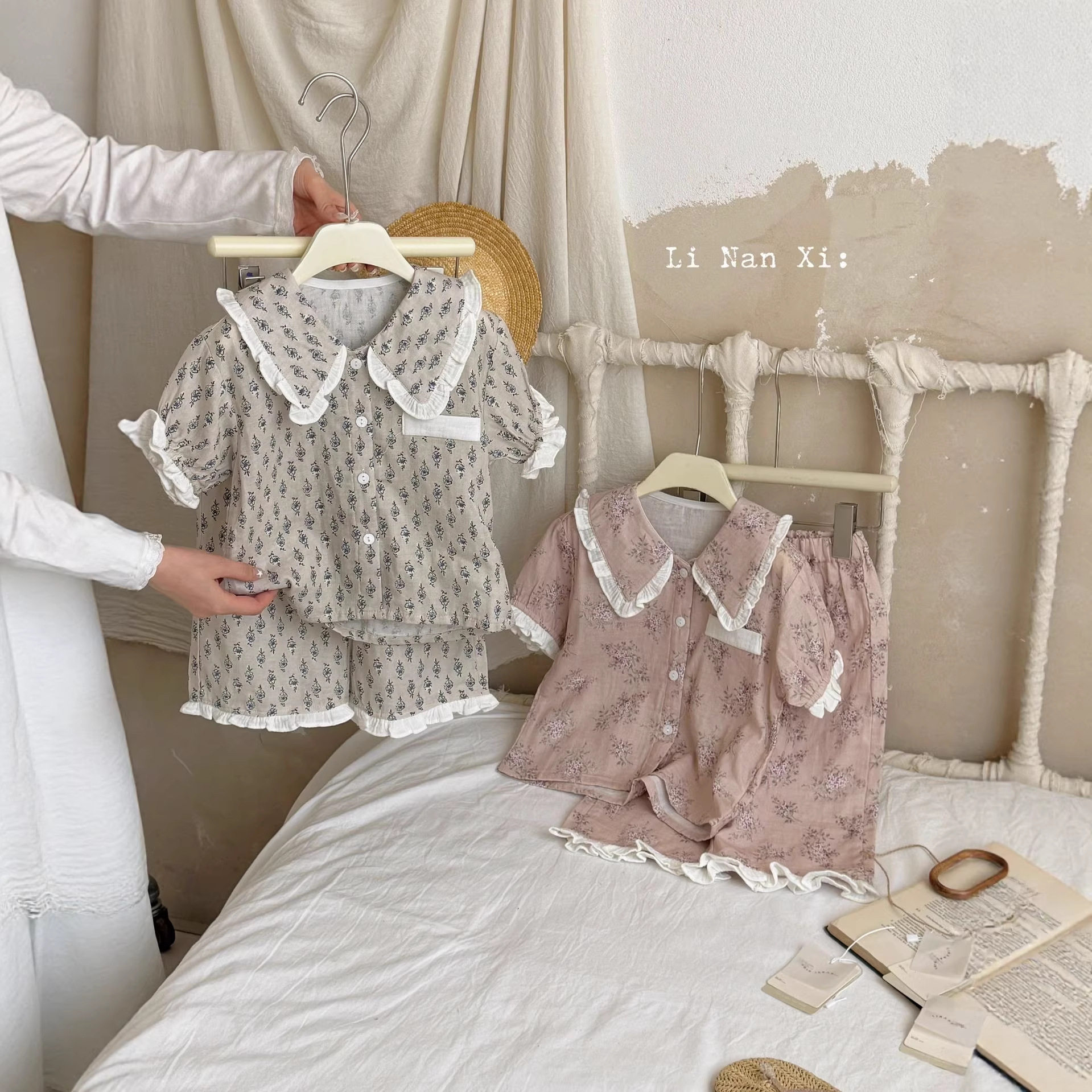 里南希女童夏季睡衣套装2026年纯棉双纱碎花女宝宝公主家居服套装