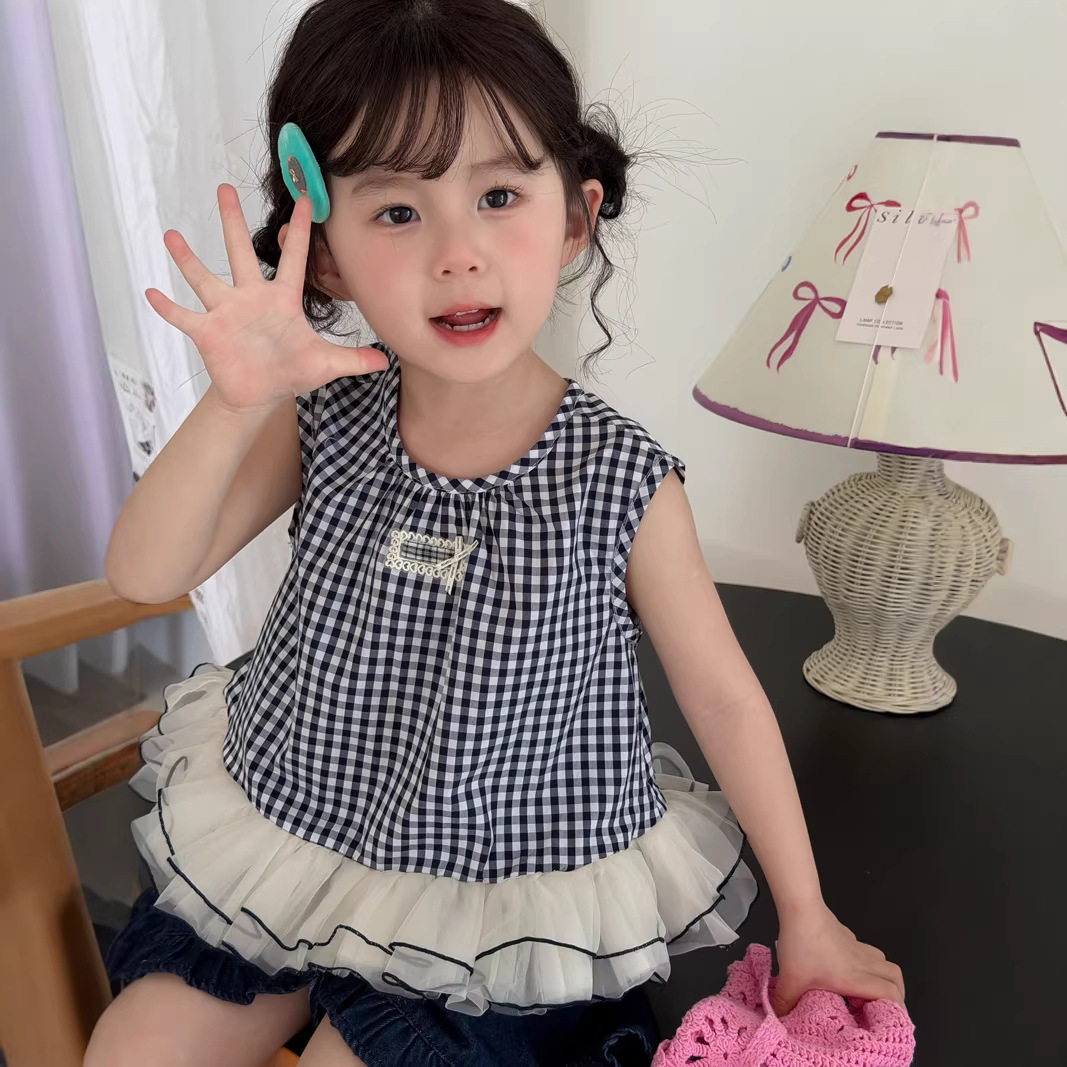 麦田季韩版女童格子衬衫26夏季新款儿童无袖拼网纱上衣宝宝背心