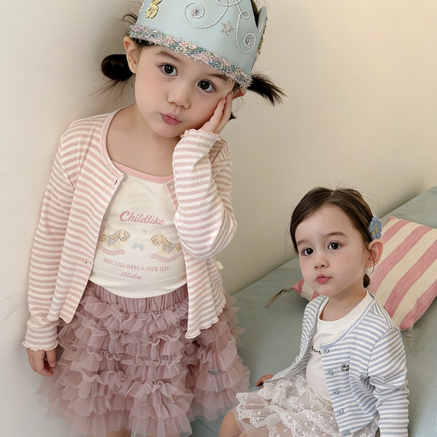 大小卷26新款韩版女童可爱条纹百搭圆领木耳边T恤开衫-710578
