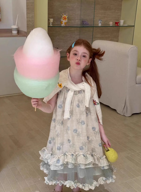 26夏季新款女童蕾丝花边度假旅游沙滩裙蓝色波浪印花甜美连衣裙