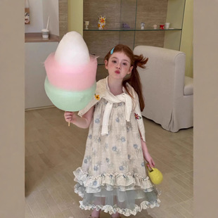 26夏季新款女童蕾丝花边度假旅游沙滩裙蓝色波浪印花甜美连衣裙