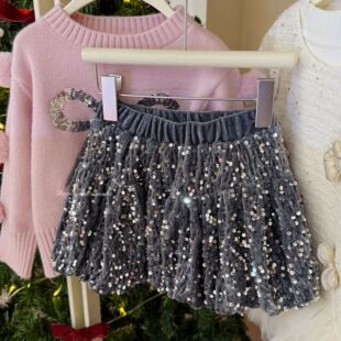 大小卷 2025新款女童闪闪亮片重工半身裙儿童圣诞节新年拜年服