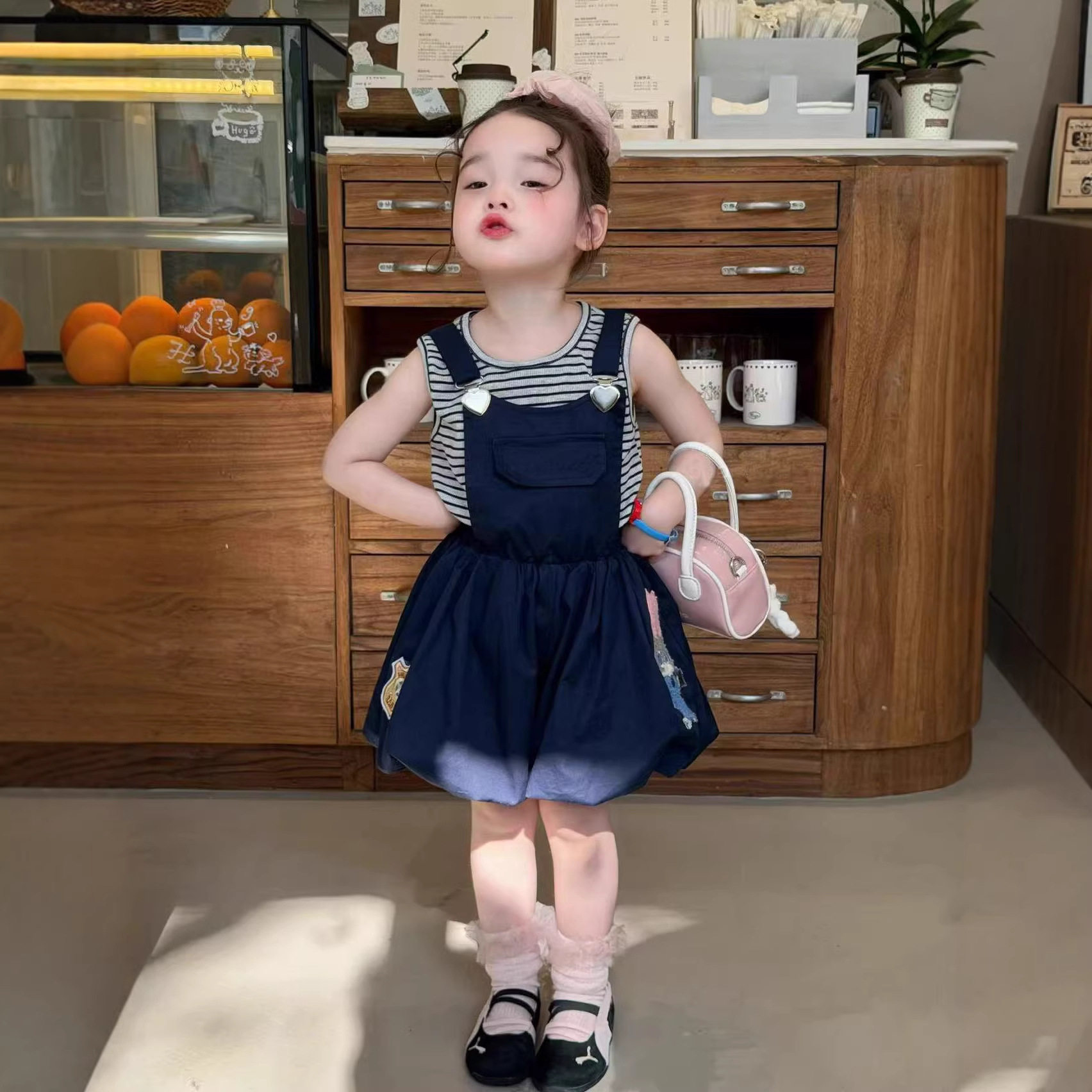DZ26031女童套装 2026新款宝宝韩版兔耳朵条纹背心吊带花苞背带裙