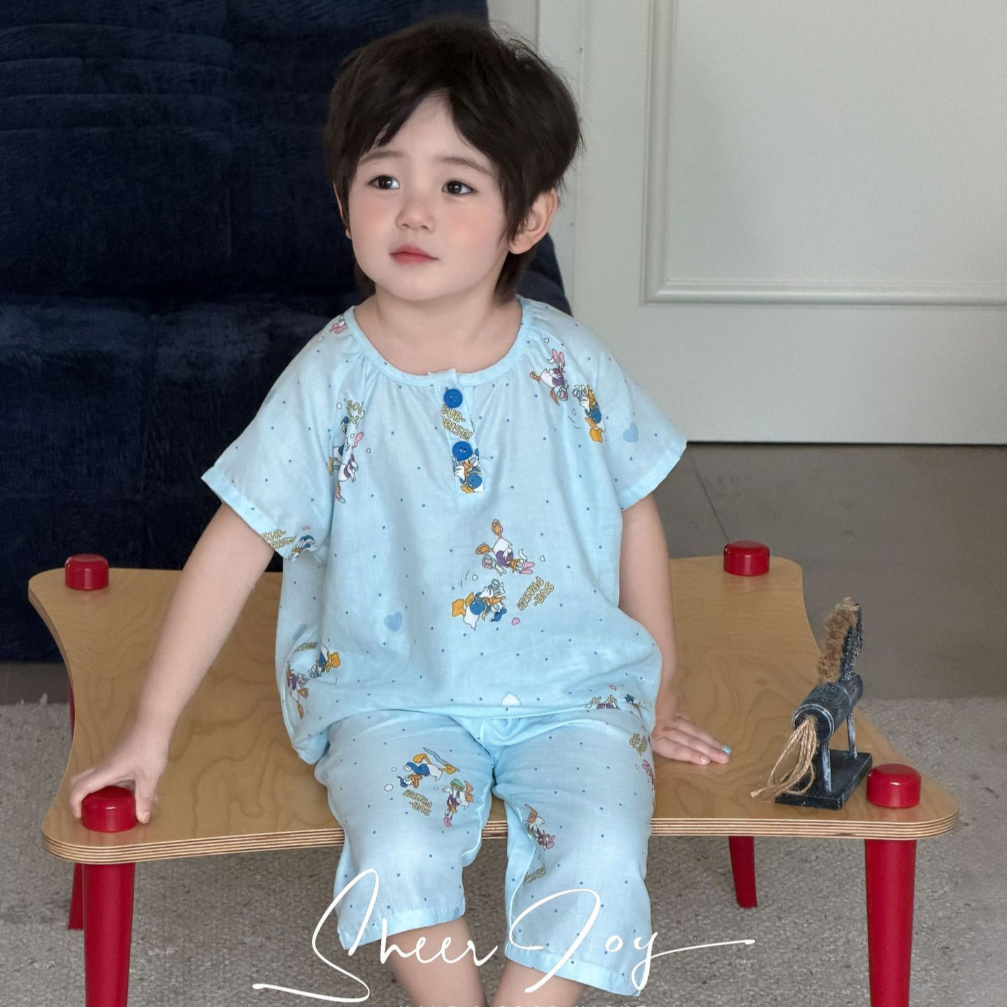 双层纱儿童睡衣泡泡糖系列短袖七分裤套装家居服男童