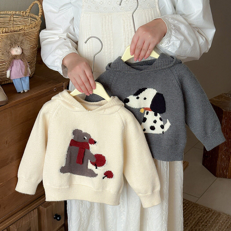婴幼儿毛衣2025新款冬季宝宝卡通动物连帽针织衫男童冬装线衣 a类