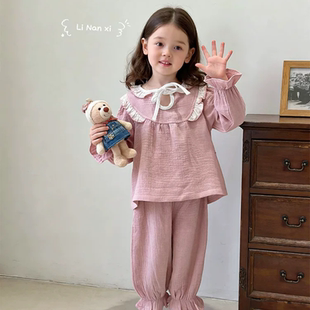 里南希 女童家居服套装26早春新款女宝a类十级抗菌双纱竹棉睡衣套