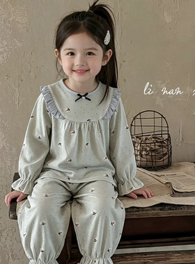 里南希 女童睡衣套装2026秋新款儿童家居服长袖长裤花边碎花韩版