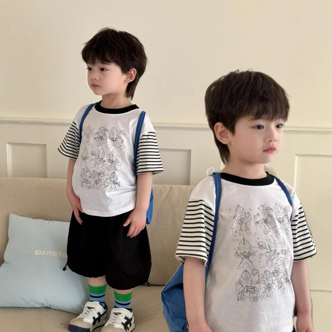 现货 大小卷夏季儿童T恤衫男童卡通韩国短袖上衣帅气工装短裤套装