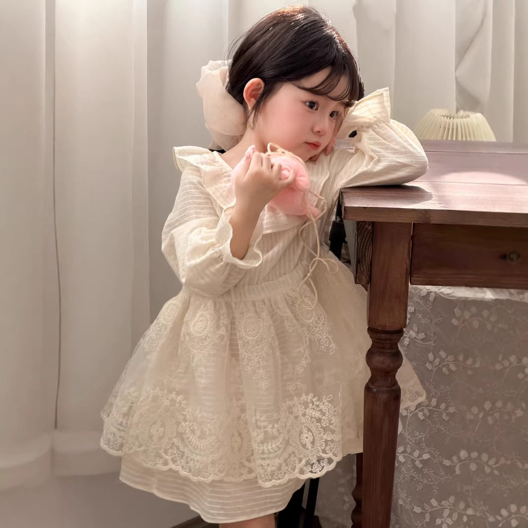 麦田季春夏新款女童拼接蕾丝连衣裙儿童甜美清新公主裙宝宝连衣裙