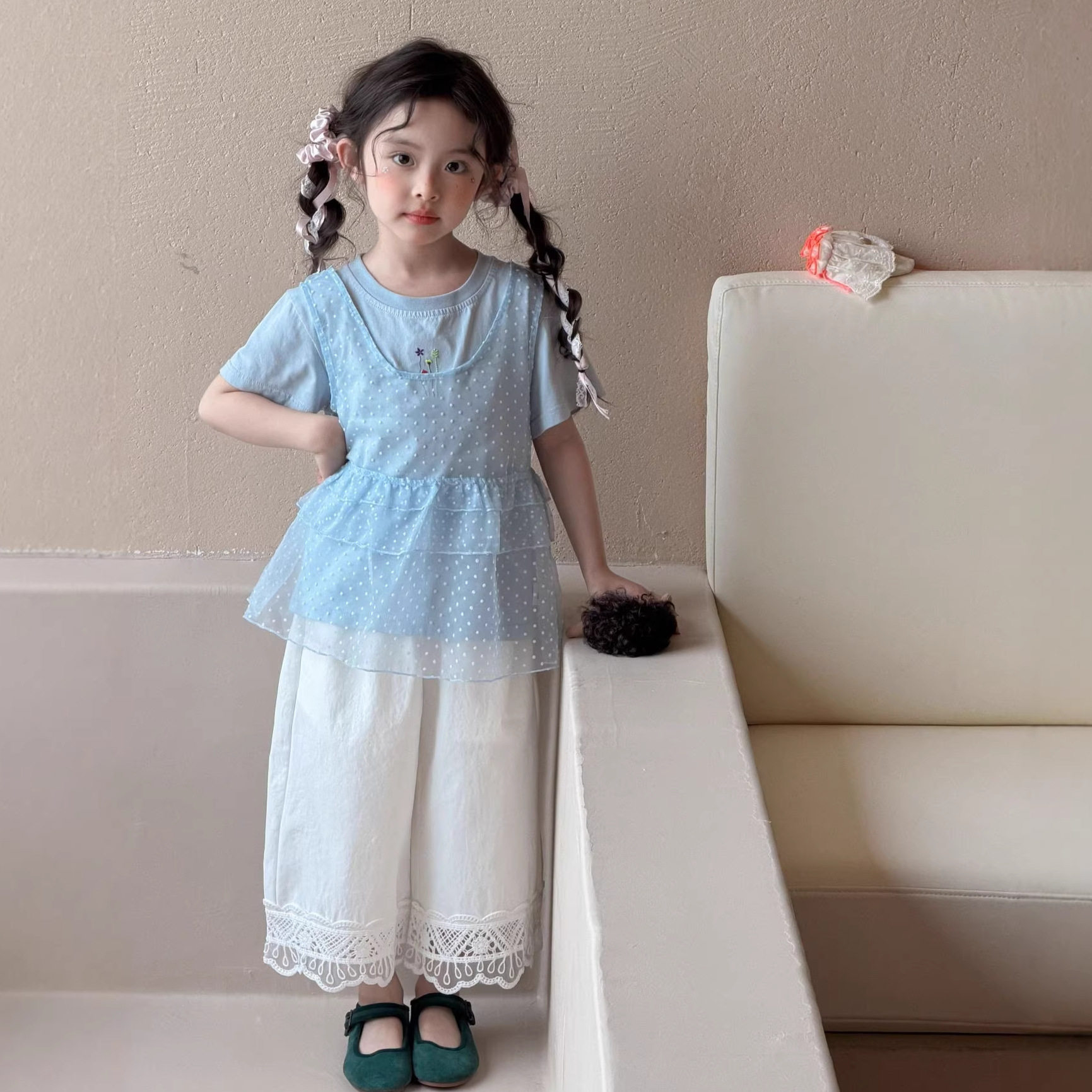韩版女童套装2026夏新款短袖背心长裤三件套童装多巴胺儿童节促销