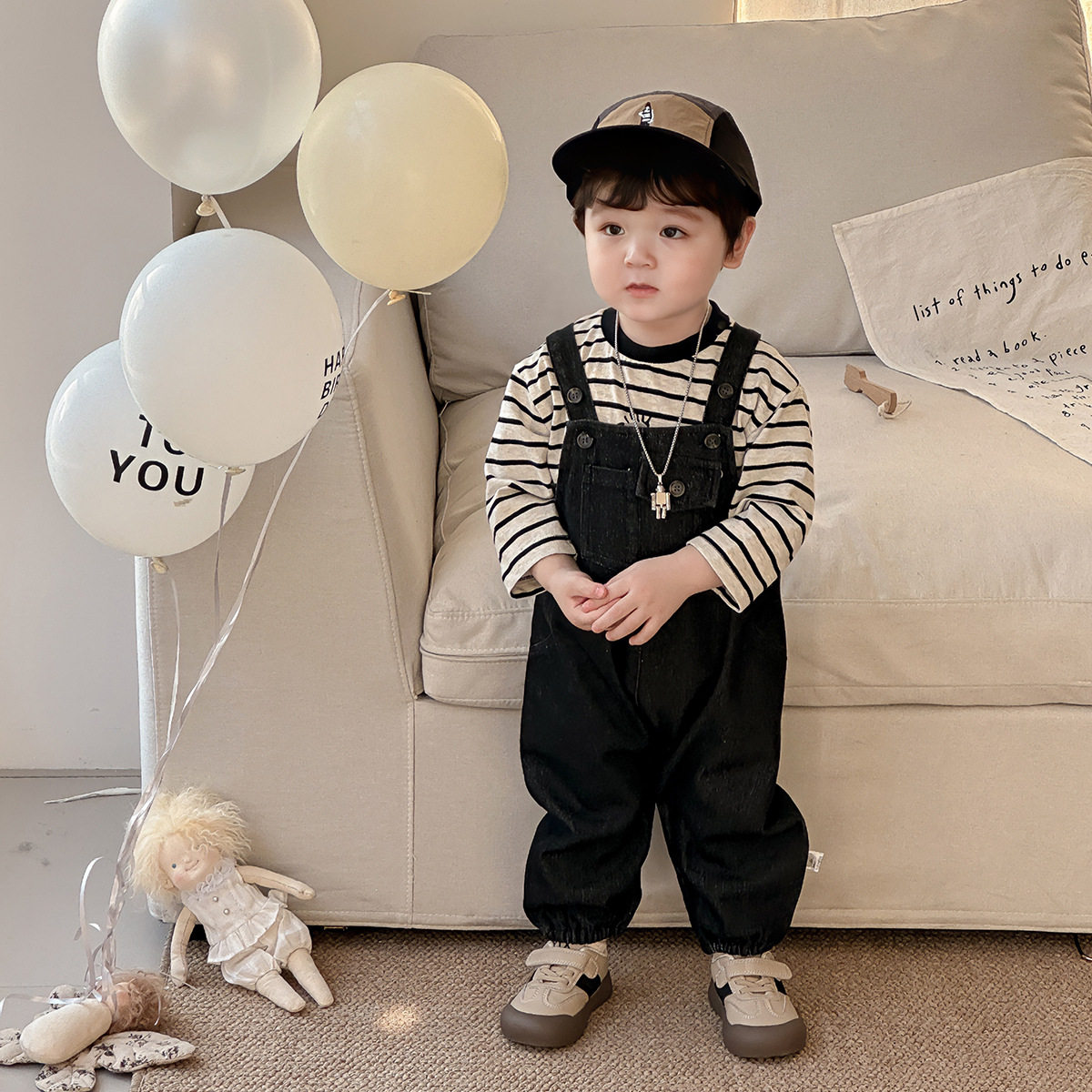男宝宝春装新品连体衣婴幼儿牛仔背带裤打底衫两件套洋气外出衣服