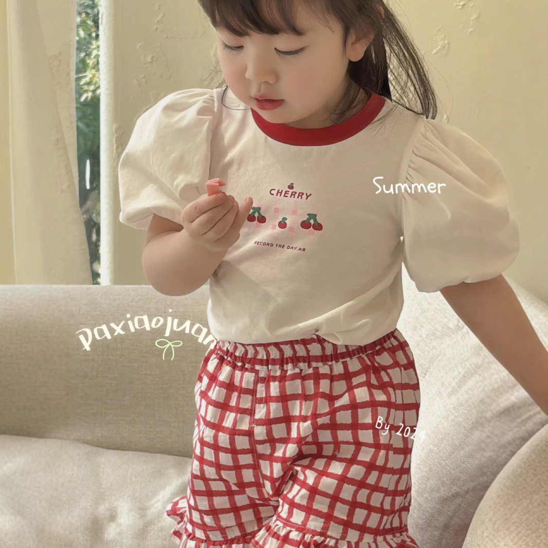 【特价】大小卷夏款儿童衣服简约印花薄款女童短袖套装童装两件套