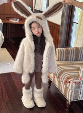 大小卷冬季加厚加大可爱长耳朵兔子皮草外套-77032