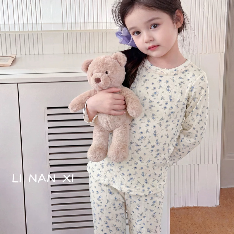 里南希 女童睡衣套装26早秋弹力针织布女宝秋衣秋裤碎花韩系保暖
