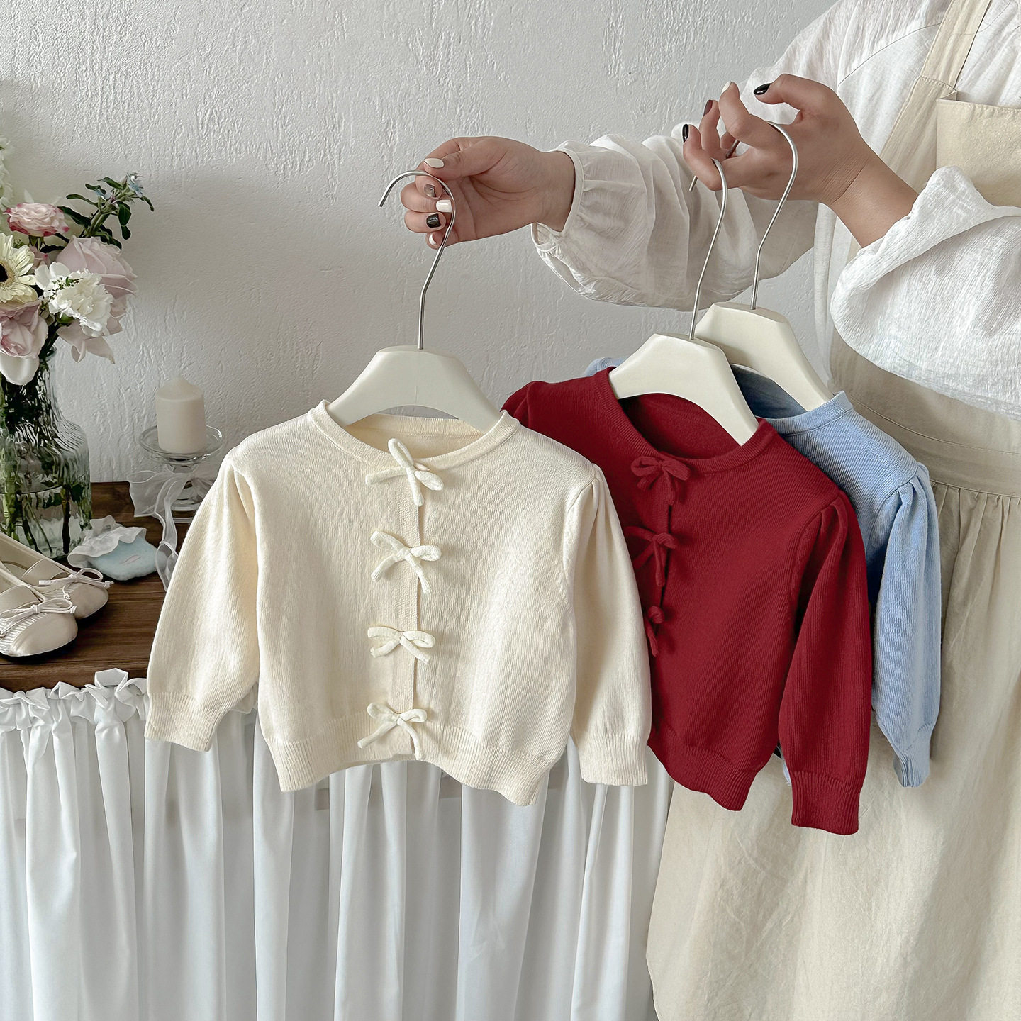 点兮春季新款婴幼儿蝴蝶结毛衣外套女宝宝洋气百搭纯色针织衫开衫