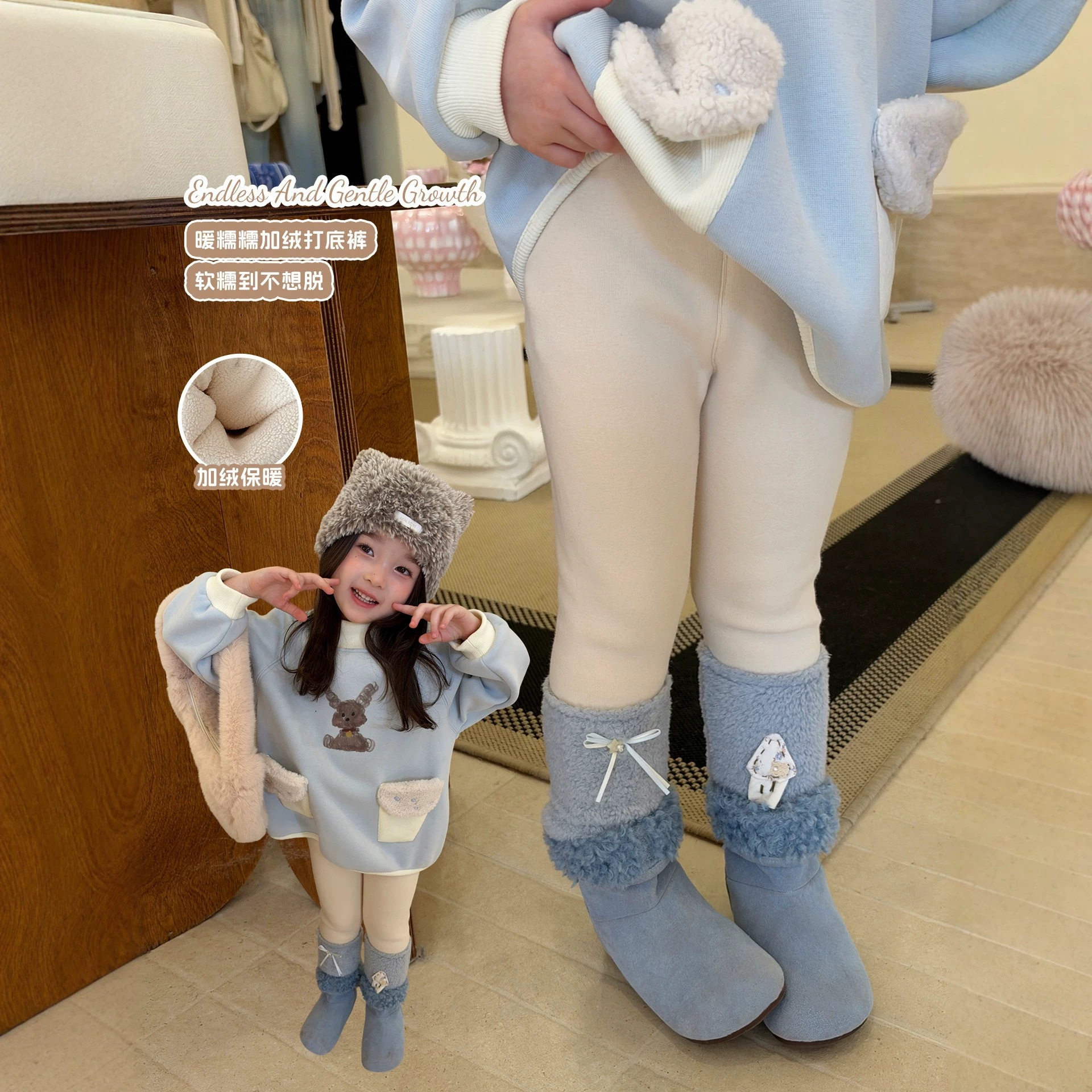 大小卷儿童裤子26冬季新女童韩版拼接加绒加厚可爱打底裤女宝长裤