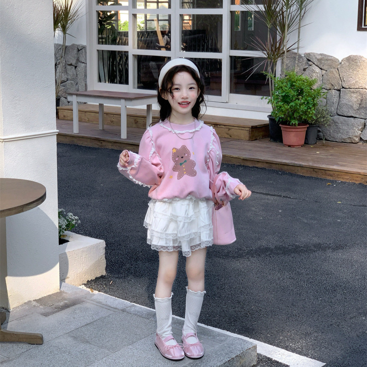 2026春季新款 女童洋气卡通花边卫衣+公主闪亮蕾丝半身裙两件套