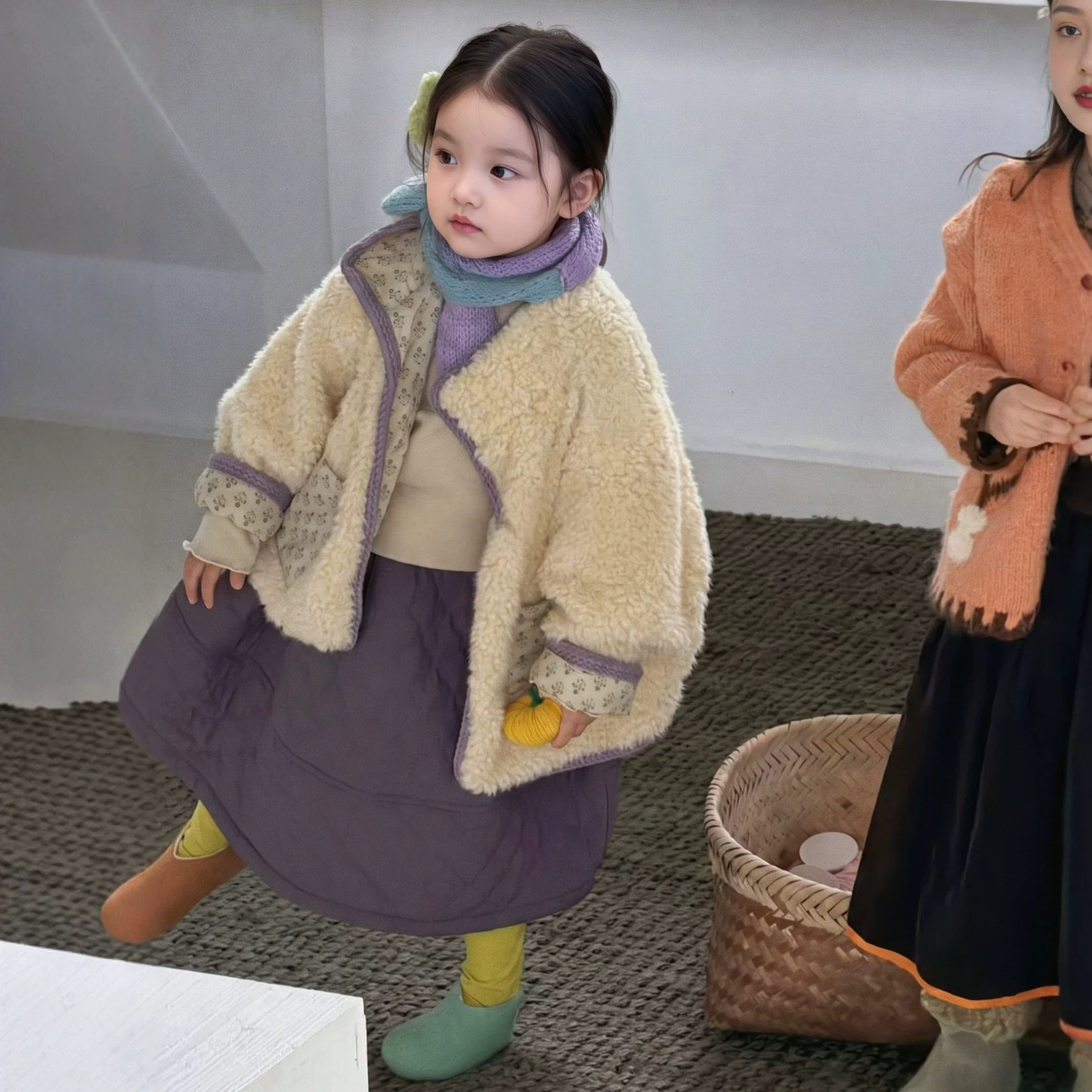 女童冬季套装26新款小清新ins风碎花羊羔毛棉服外套女宝洋气半裙