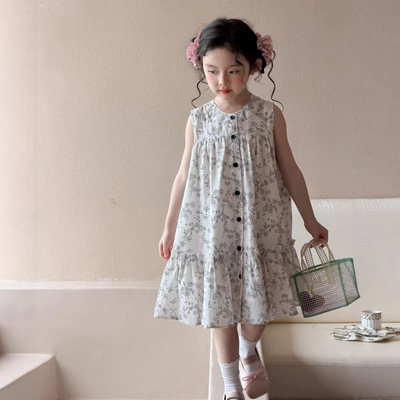 中大女童连衣裙2026夏季新款洋气韩版水墨印花无袖碎花裙森系长裙