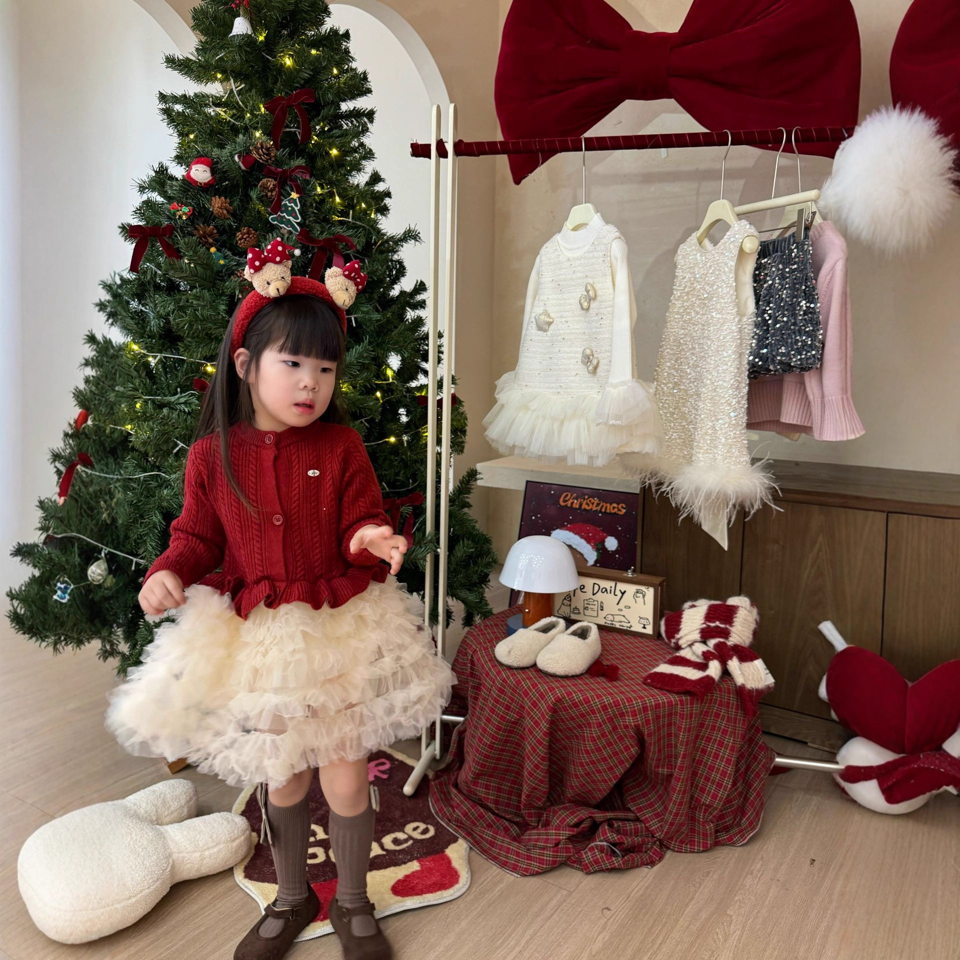 大小卷 2025新款女童连衣裙毛衣拼接蓬蓬裙儿童审核新年拜年服