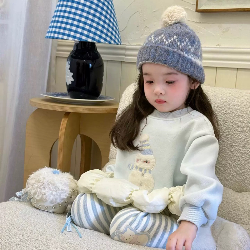 2026秋冬季新款加绒卡通卫衣女宝宝条纹打底裤儿童套装