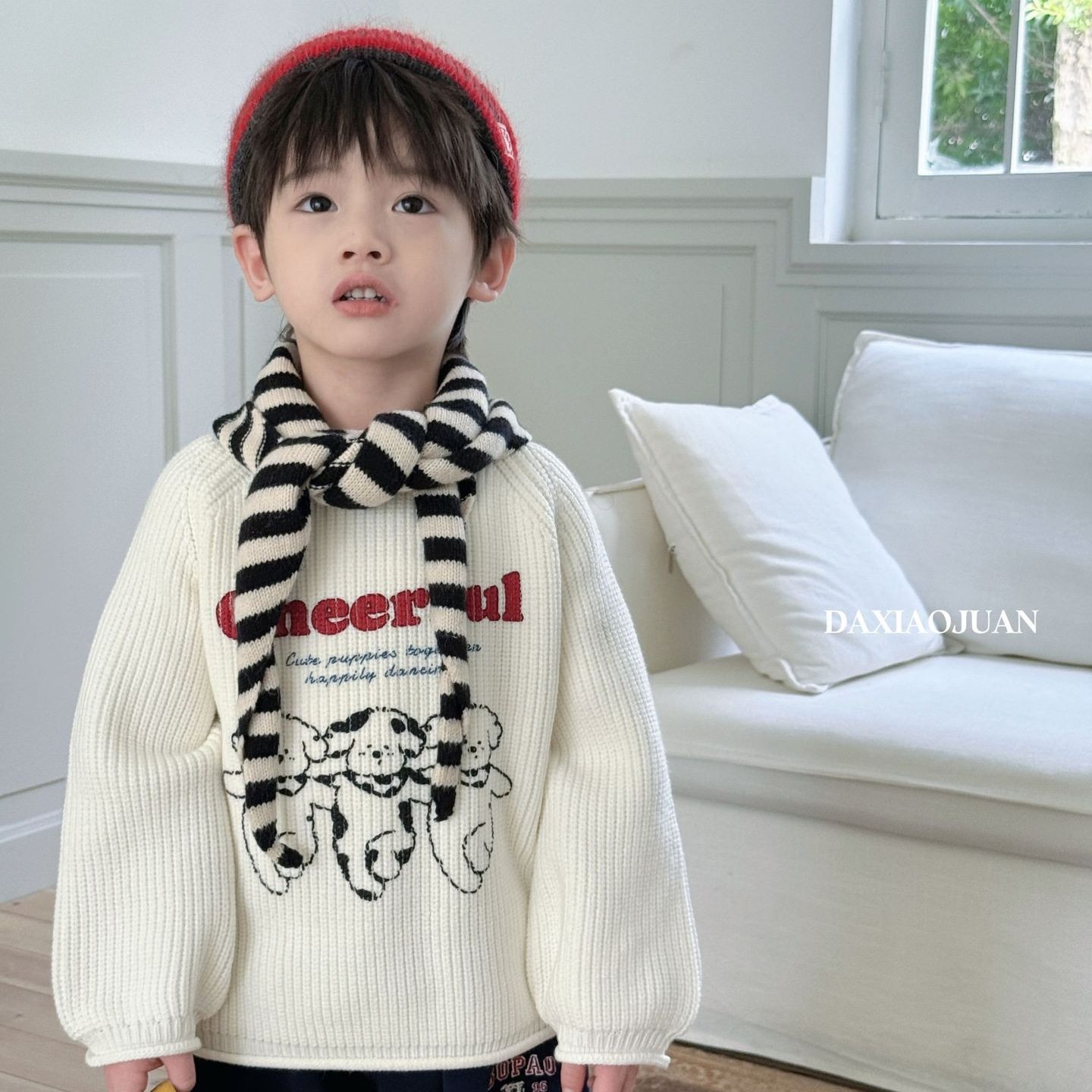 大小卷25秋冬新款男女童小狗印花毛衣卡通可爱针织衫上衣韩版