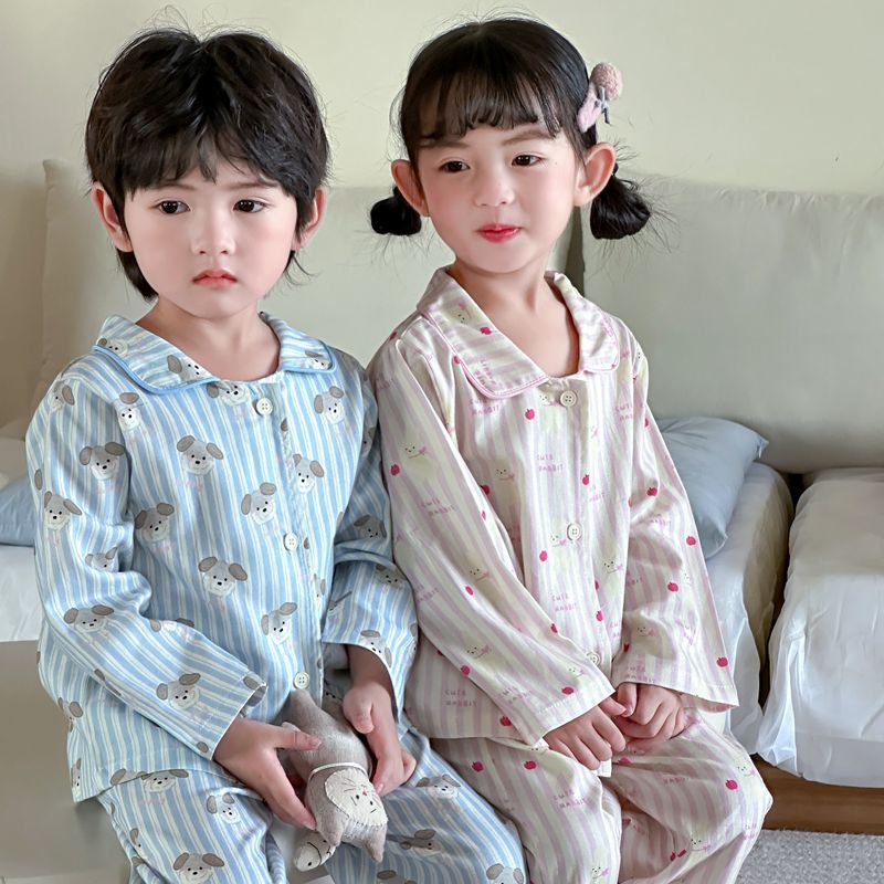 儿童家居服春秋全棉可外穿开衫套装宽松保暖男童女童可爱睡衣裤韩