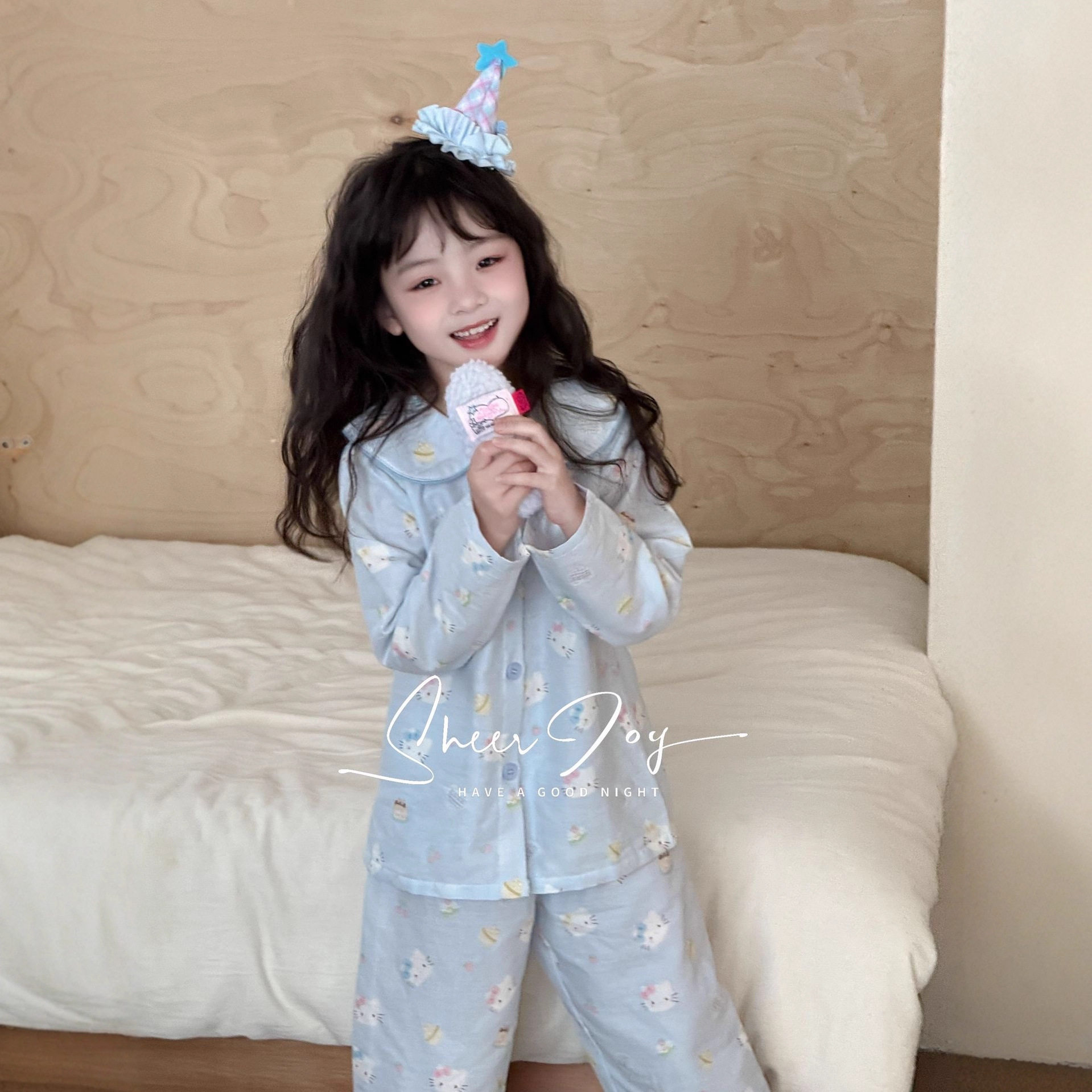 春秋A类纯棉双层纱亲子款娃娃领套装舒适儿童家居服长袖长裤睡衣