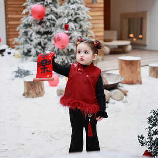 大小卷【一寸欢喜】2025冬季新款女童中国风儿童马甲打底衫喇叭裤