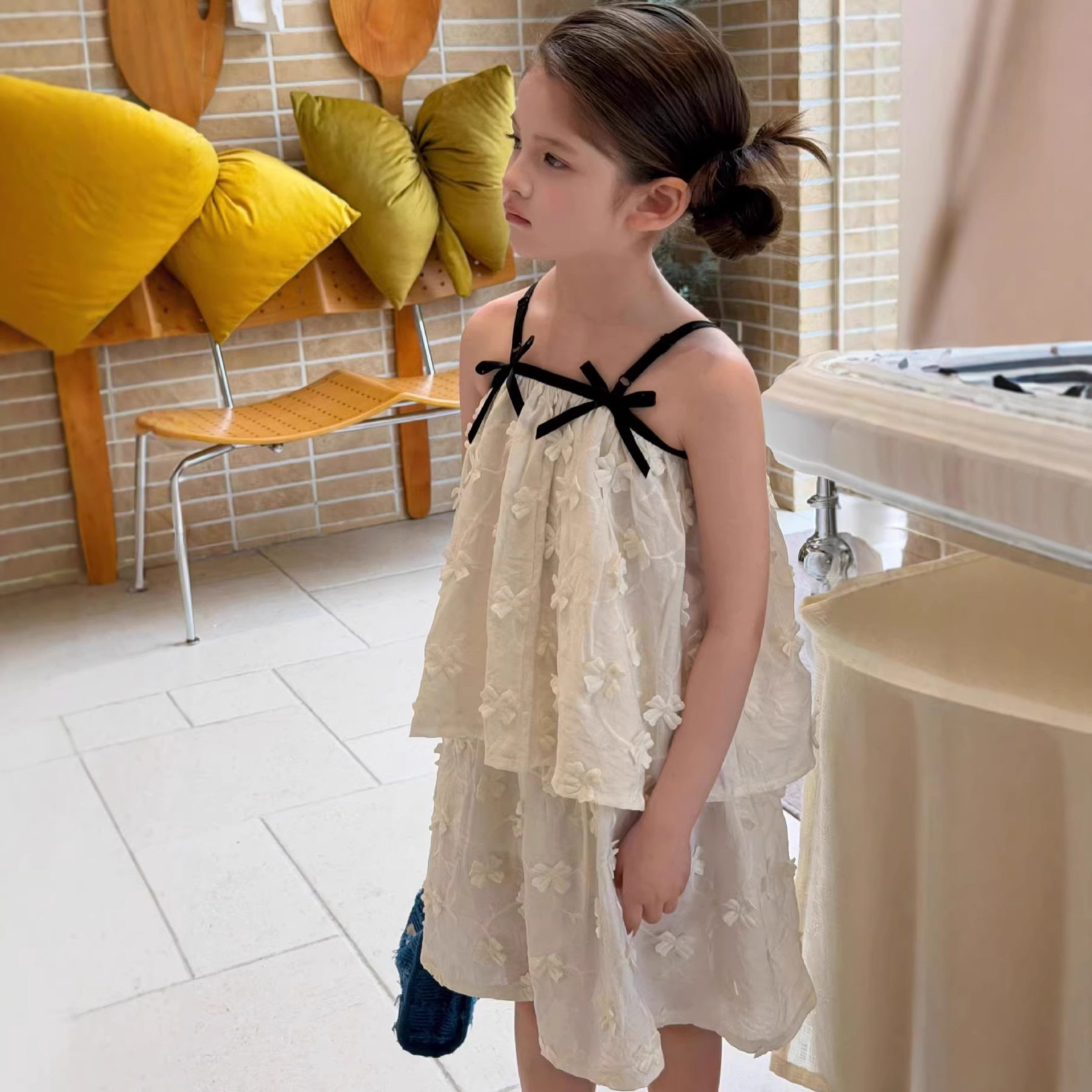 女童套装2026夏装儿童蝴蝶结甜美小女孩吊带立体花背心中裙两件套