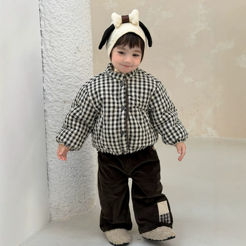 宝宝秋冬款衣服2026新款冬季韩版童装男童格子棉衣灯芯绒裤套装