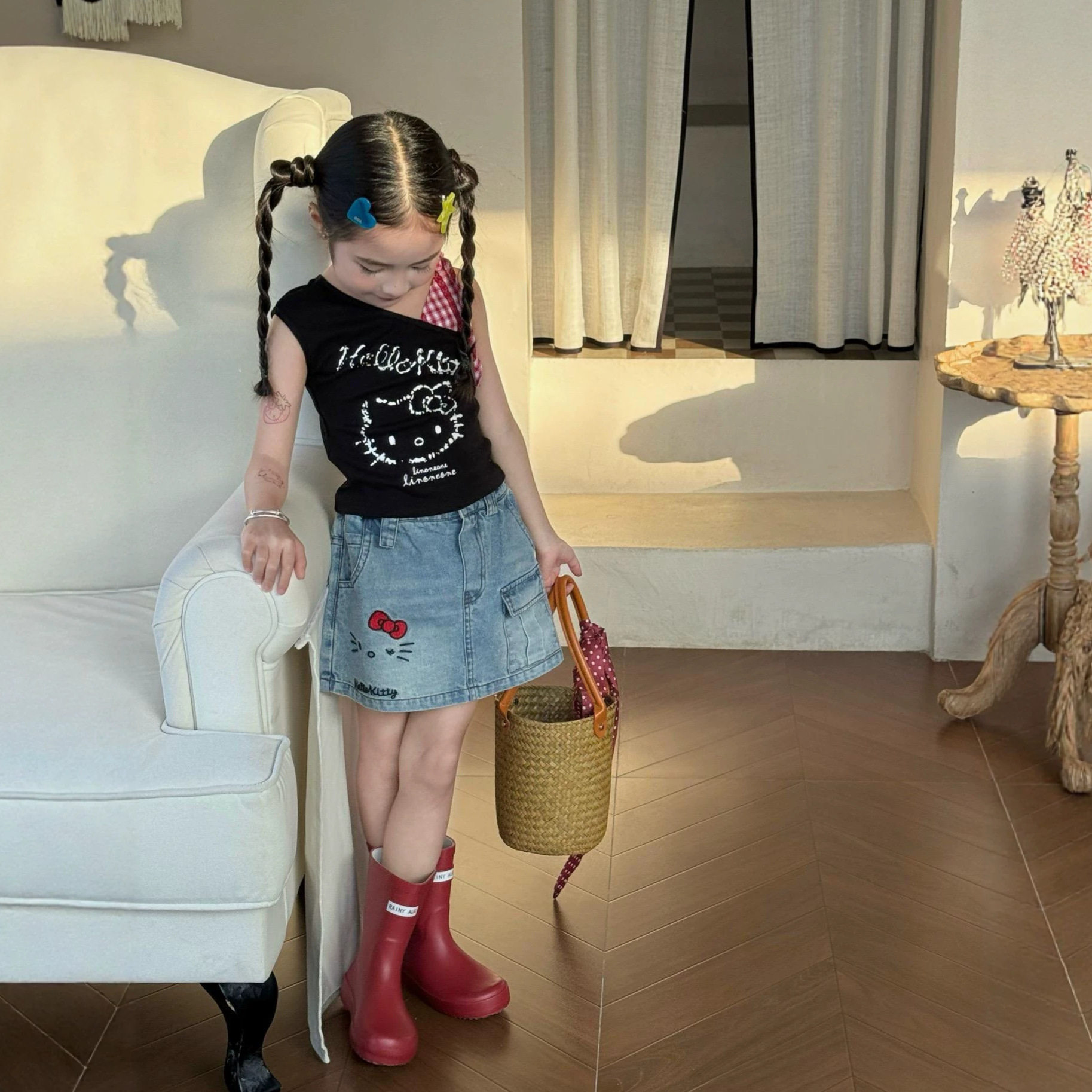 女童套装26夏季新款韩版甜酷风kt猫背心织里童装时髦卡通牛仔半裙