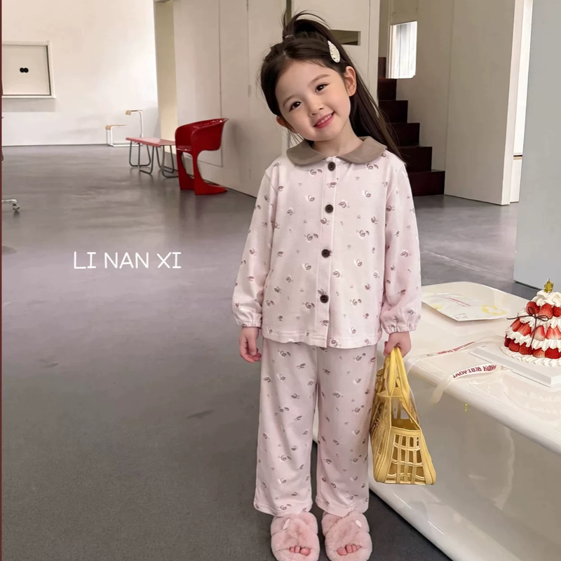 里南希 女童粉色睡衣套装26秋新款后背小耳朵水墨印花莱卡棉弹力