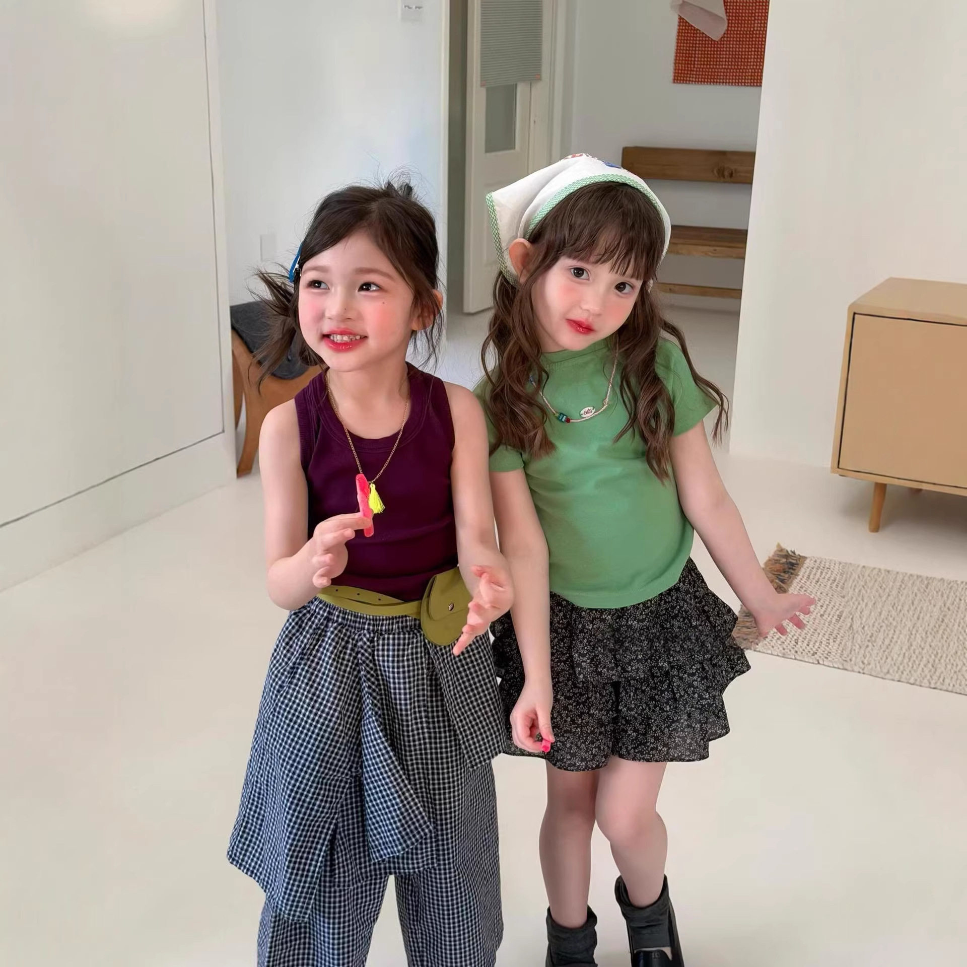 橘思女童套装2026夏新款辣妹风修身短袖t+碎花蛋糕半身裙裤儿童潮