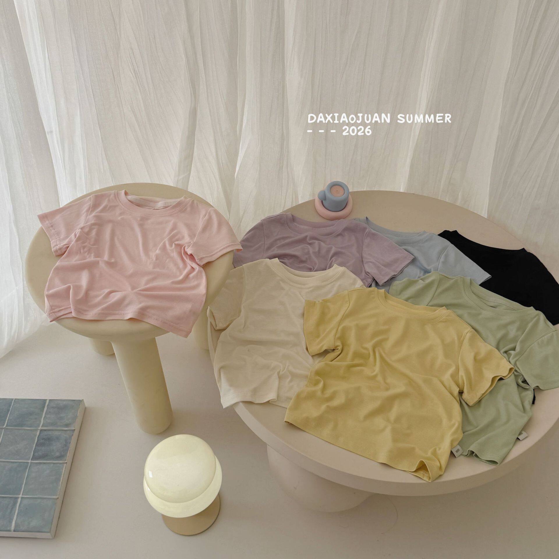 大小卷 26夏季新款儿童短袖T恤上衣纯色面膜T男女童装-310001