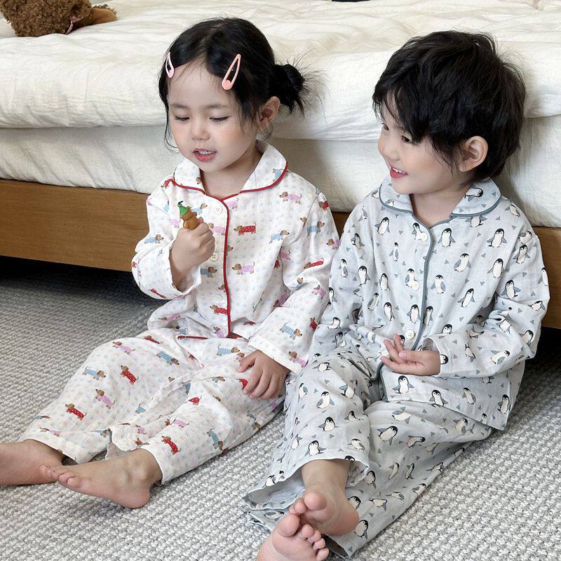 儿童婴纱睡衣春秋季可爱家居服新款男女宝宝长袖纯棉双层纱布套装